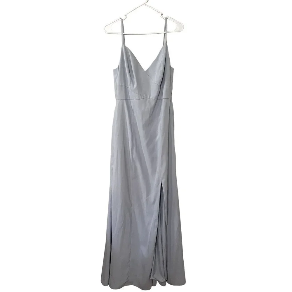 Dessy Collections light blue v-neck spaghetti straps maxi dress side slit formal